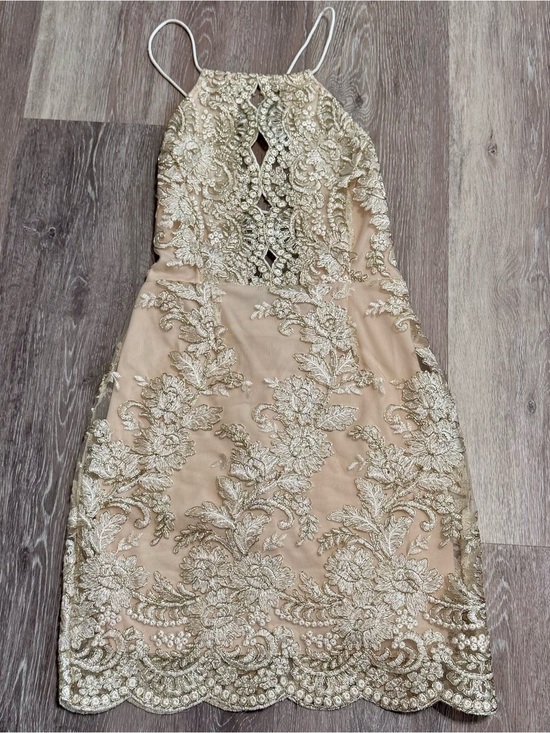 Unknown Dresses & Skirts - Gold Embellished Halter Mini Dress in Champagne - Size Small